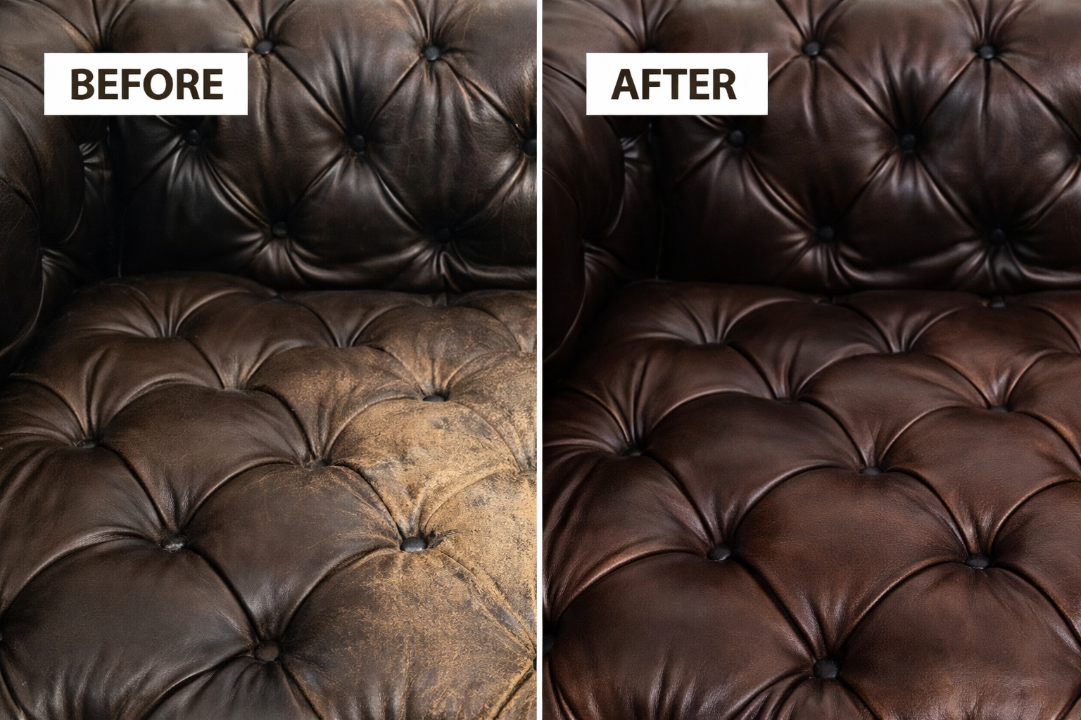 Leather sofa before and after full color restoration — Furniture Resurrection Arizona in-home leather repair